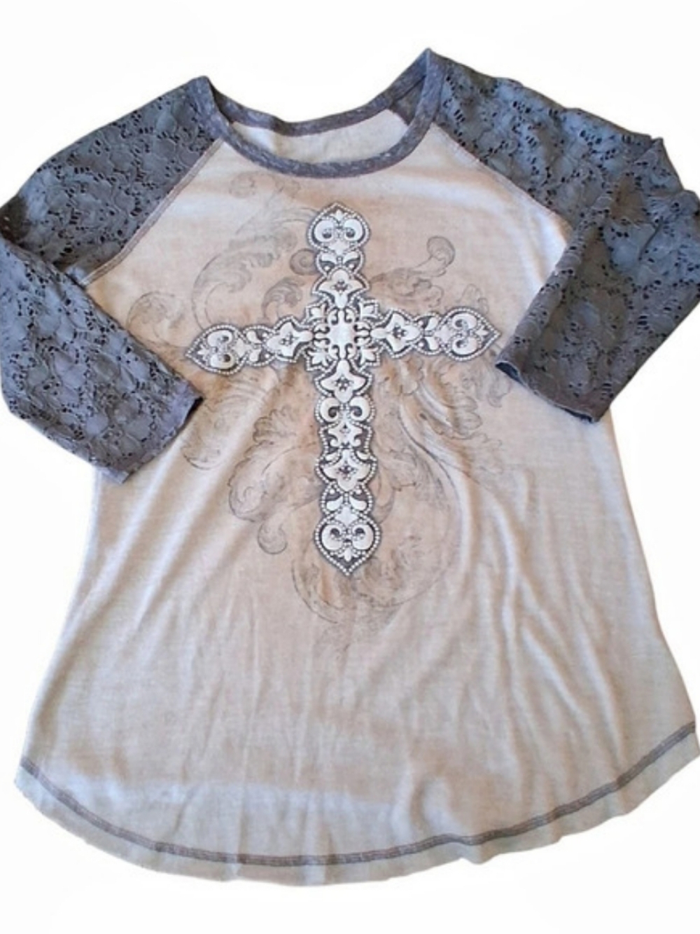 Women's Lace Sleeve Cross Graphic Top in Beige & Gray